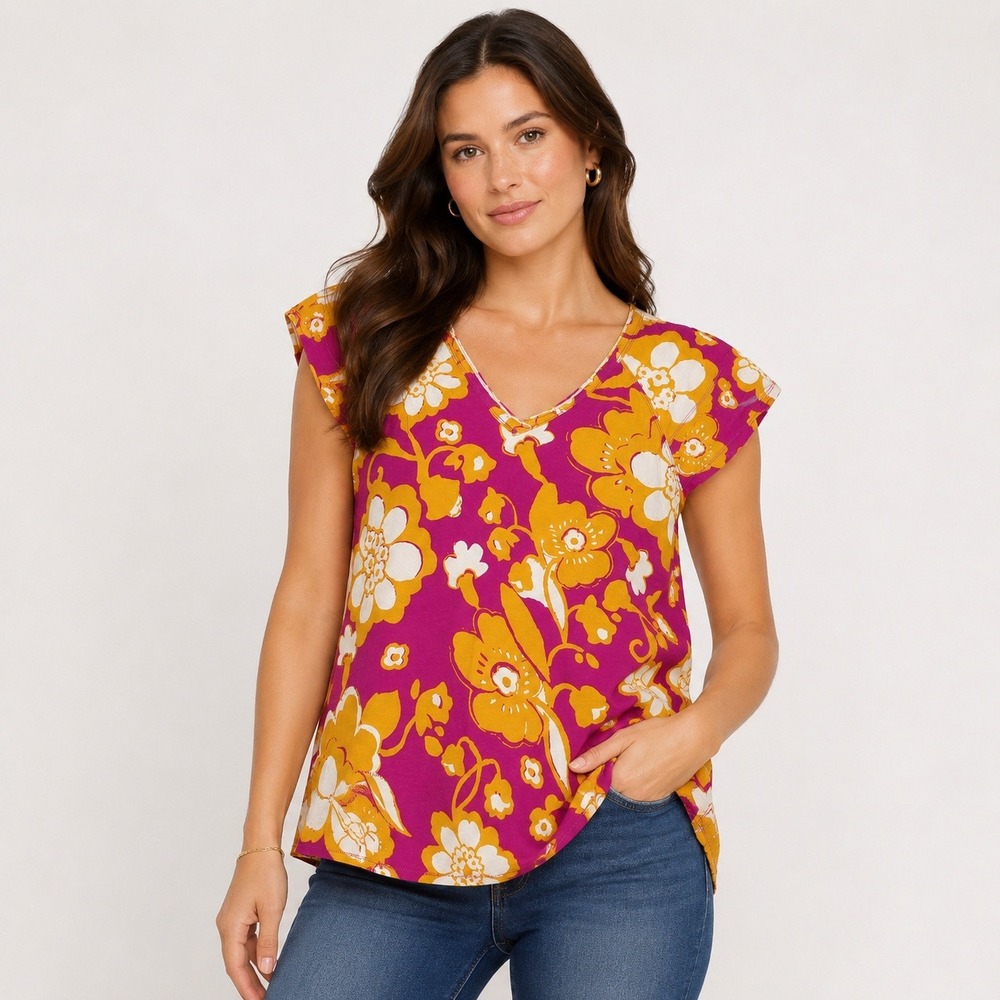 Maeve Anthropologie Pink Orange Floral Flutter Sleeve V-Neck Top Large OB1305044